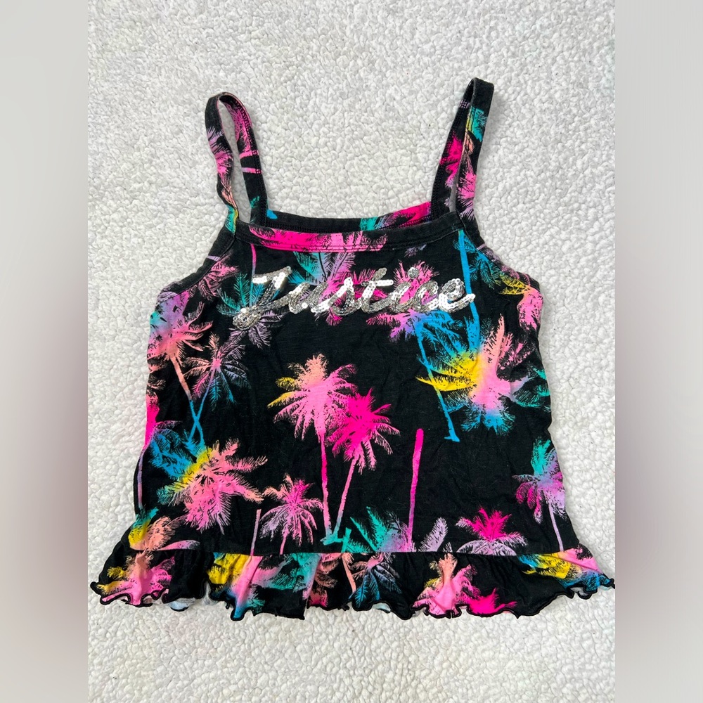 Justice Girls Black Peplum Neon Tropical Palm Tree Cami Tank Top size 7-8